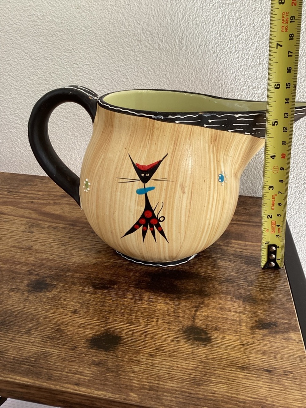 Whimsical MCM  Italian Cat Pitcher in Black, Cream & Red